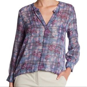 Joie Size Small ‘Brigid’ Purple Plaid Silk Floral Button 3/4” Sleeve Blouse Top